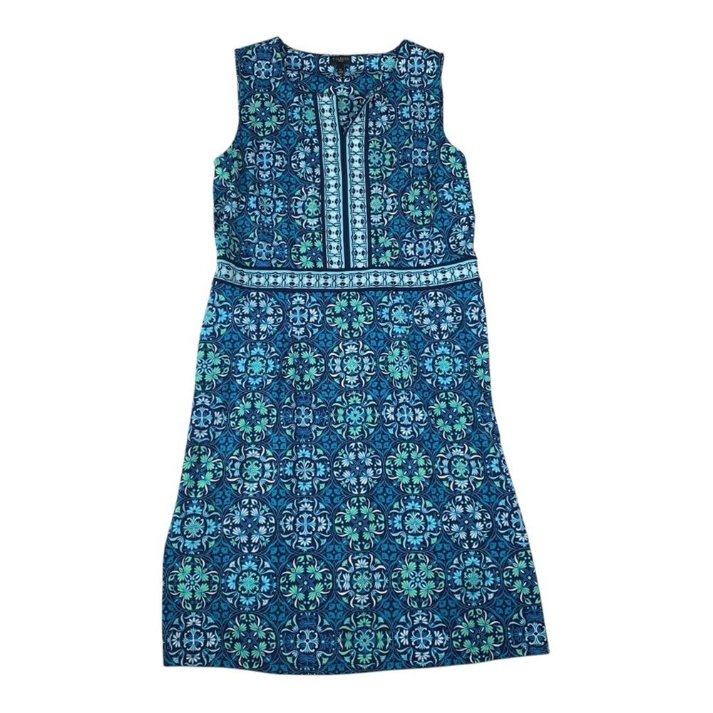 Talbots women's large petite Blue tile print jersey dress knee length sleeveless